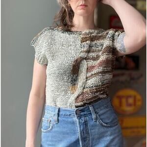Vintage 80s Woven Leather Knit Top | Handmade Southwest Ribbon Weave | M/L